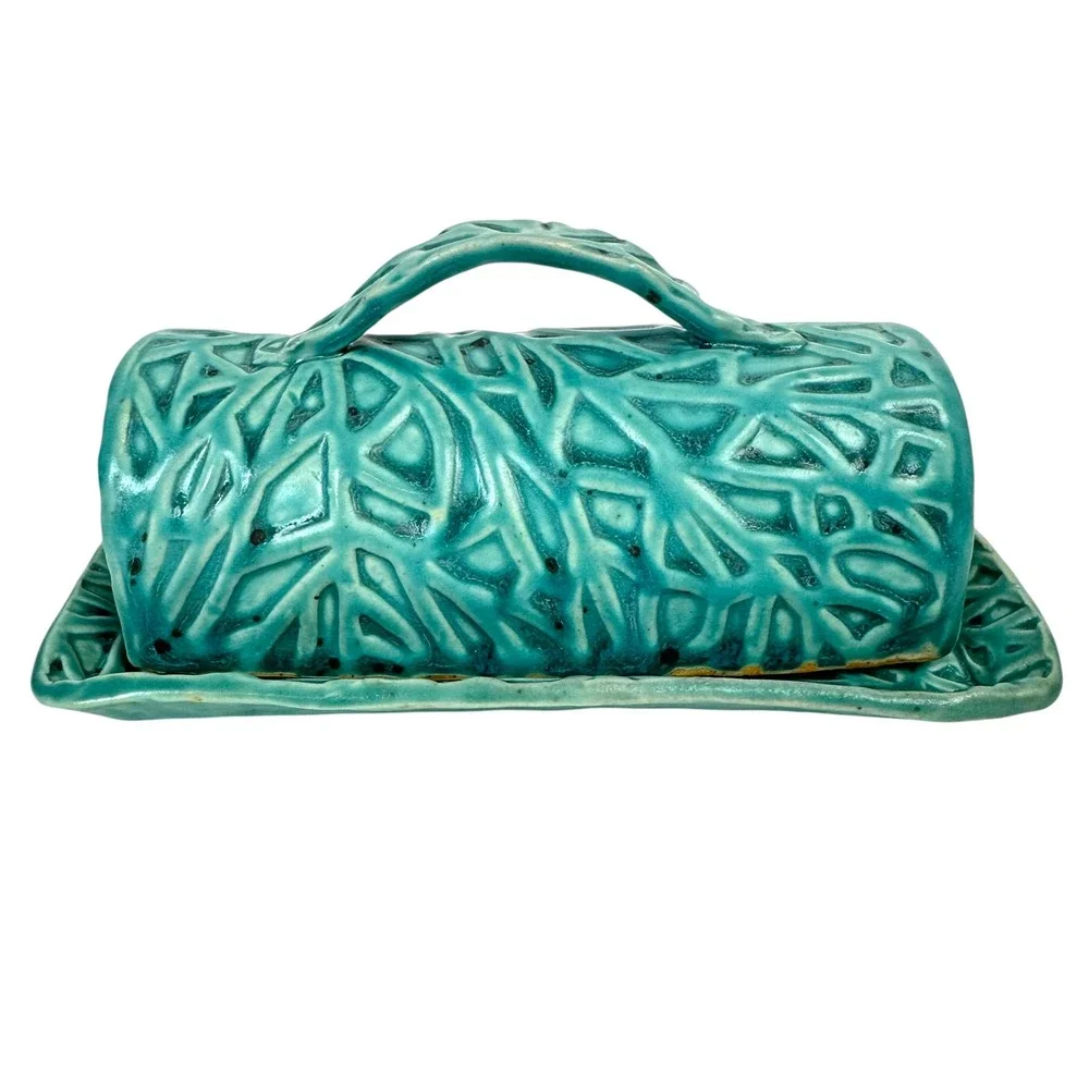 Studio‎ Pottery Butter Dish Handmade Geometric Textured Teal Blue MCM Sculptural